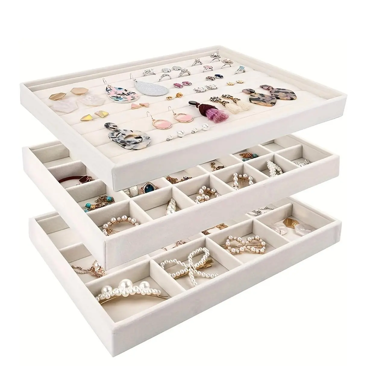 Stackable, Multilayer Storage Velvet Jewelry Organizer Box - Distressed White, Rectangular Desktop Display Case for Rings, Earrings, Necklaces - Multipurpose Paper Storage with Tabletop Mounting