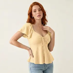 Women's Shortsleeve Eyelet Embroidery Peplum Top Short Flutter Sleeve Tie Front Ruched Sweetheart Blouse Casual Summer Boho Cottagecore Shirt Womenswear