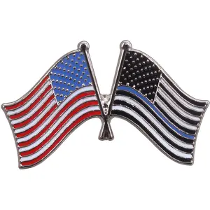 US American Flag & Thin Blue Line Crossed Flags Insignia Pin