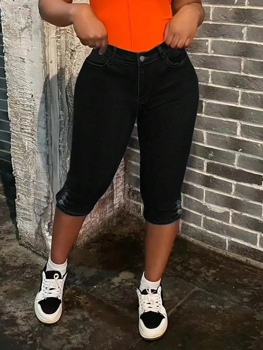 WGXWGX Womens Capri Jeans Casual Fashionable Denim Pants With Side Button For Spring And Summer Stylish Capri Trousers Comfortable Wear