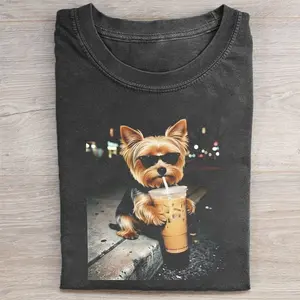 Comfort Colors Funny Yorkie Drinking Iced Coffee T-shirt, Vintage 90s Edgy Dog Meme Tee, Unisex Fit Design, Casual Streetwear, Gift for Dog Lovers
