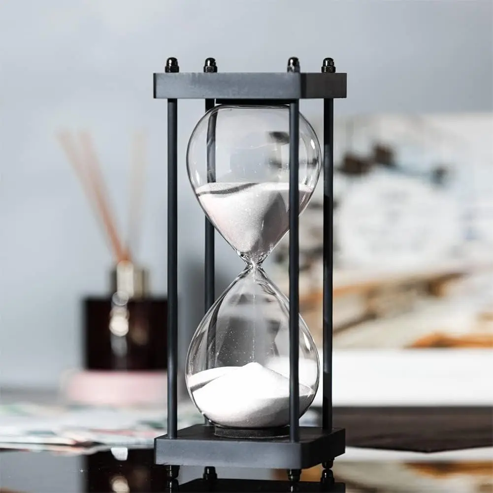SAN Tread Glass Hourglass Sand Timer 60-Minute Desktop Timer Large Hourglass Timer 60 Minute, Decorative Black Frame Sandglass with white Sand Kitchen