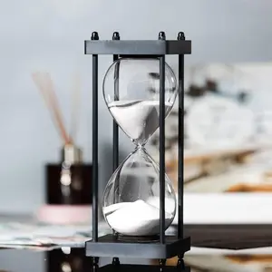 SAN Tread Glass Hourglass Sand Timer 60-Minute Desktop Timer Large Hourglass Timer 60 Minute, Decorative Black Frame Sandglass with white Sand