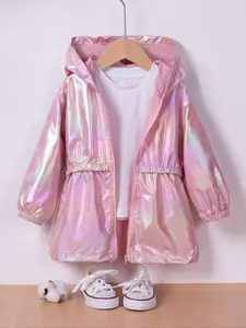 Girls' Hooded Zipper Jacket, Casual Comfy Jacket, Casual Sweet Style, Gradient Color, Woven Fabric, Moderate Thickness, Spring & Fall Wear