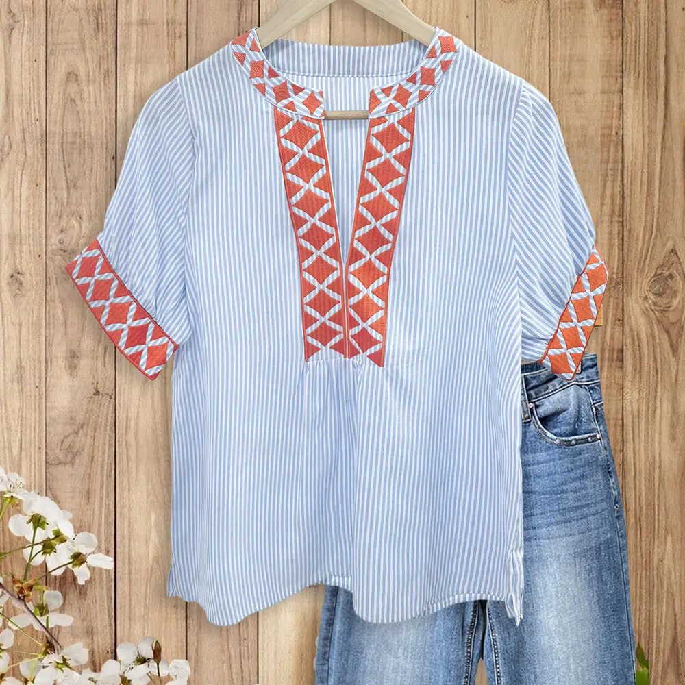 Sage Vell Blue White Striped Embroidered Blouse Blue/Green/Pink Casual V Neck Short Sleeve Boho Top Lightweight Shirt with Geometric Embroidery Loose Fit Tunic for Daily Vacation Office Ladies Elegant Retro Blouse