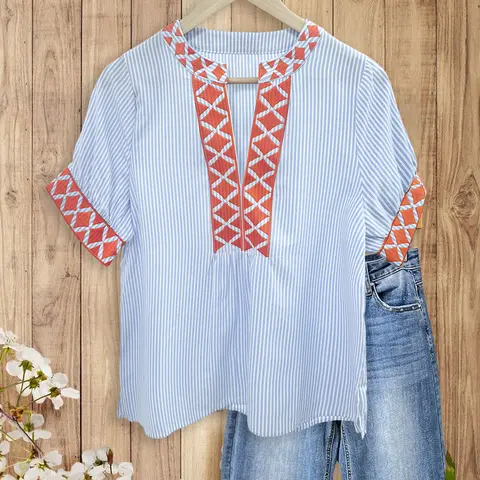 Sage Vell Blue White Striped Embroidered Blouse Blue/Green/Pink Casual V Neck Short Sleeve Boho Top Lightweight Shirt with Geometric Embroidery Loose Fit Tunic for Daily Vacation Office Ladies Elegant Retro Blouse