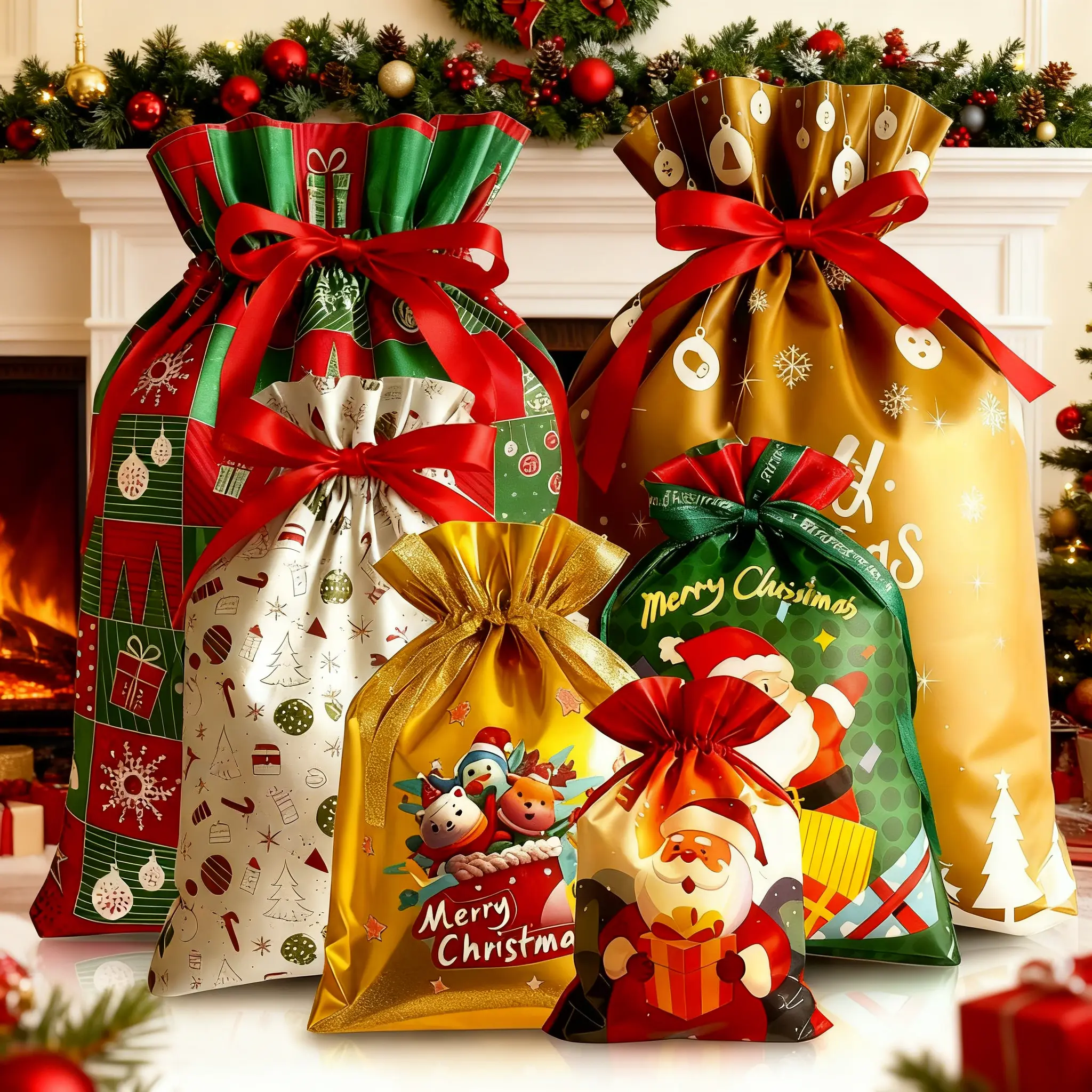 54PCS Reusable Christmas Drawstring Gift Bags Set - Assorted Sizes (Small/Medium/Large/Extra Large), Foil Wrapping Sacks with 18 Assorted Santa/Elk/Snowman Designs, Ribbon Included, Bulk Holiday Goody Pouches for Xmas Presents, Party Favors & Boys & Girls
