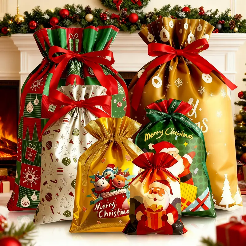54PCS Reusable Christmas Drawstring Gift Bags Set - Assorted Sizes (Small/Medium/Large/Extra Large), Foil Wrapping Sacks with 18 Assorted Santa/Elk/Snowman Designs, Ribbon Included, Bulk Holiday Goody Pouches for Xmas Presents, Party Favors & Boys & Girls