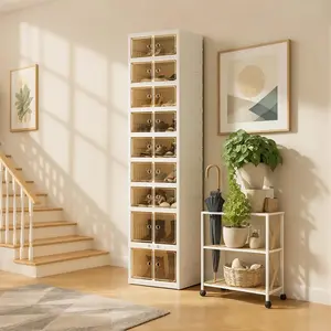 Foldable Shoe Organizer Storage Box, Portable  Folding Shoe Rack for Closet, Shoe Storage Box with  Transparent Door and Wheels, 9 Layers 18 Grids with 4 Big Grids