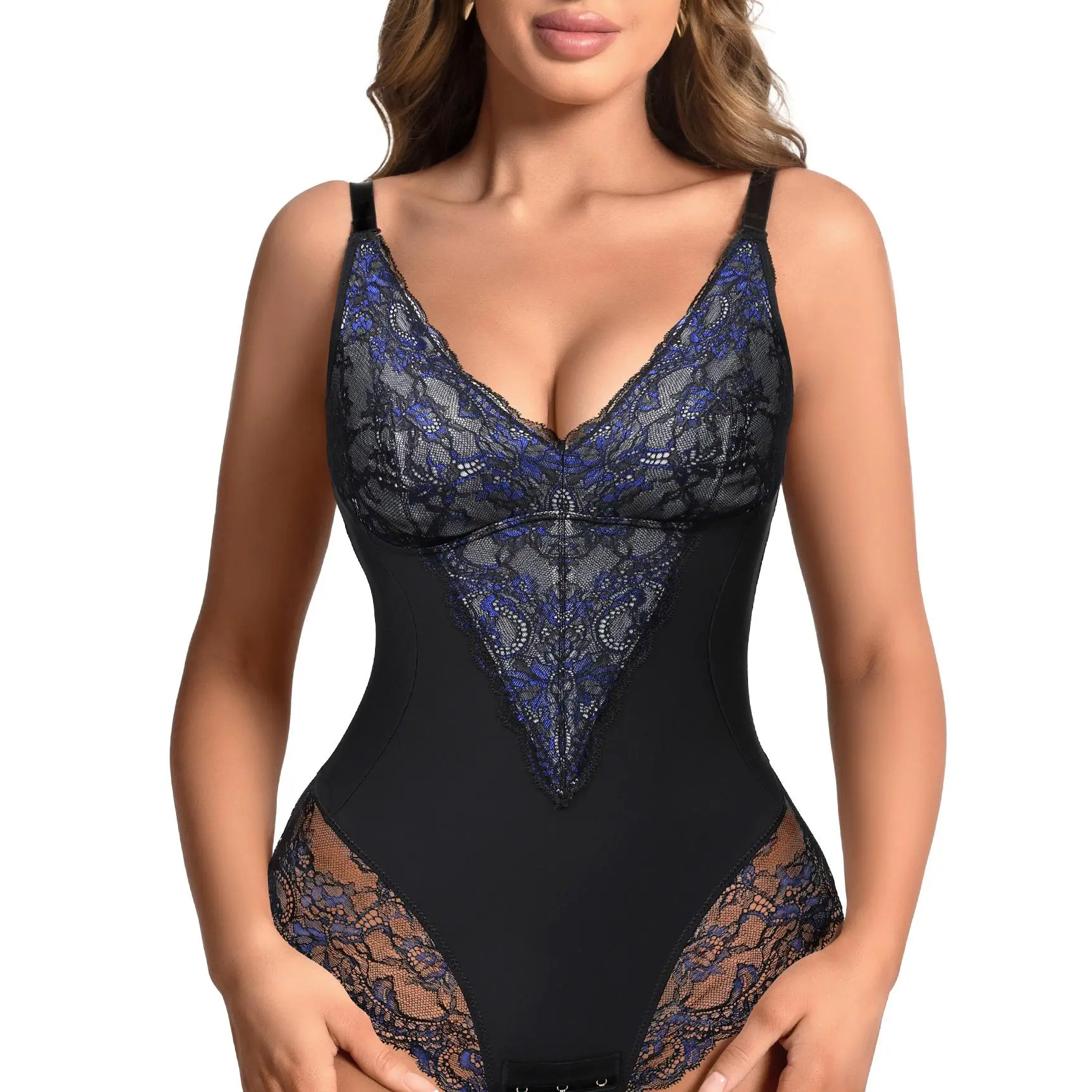 QOU Sexy Lace Bodysuit for Women Deep V-Neck Shaping Underwear Tummy-Control Thong Design slimer shaper Floral Lace Shapewear Lace Corset Top Black Womenswear