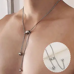 Fashionable Stainless Steel Sweater Chain with Pull-out Round Bead Pendant, Men's Necklace, Hip-hop Street Style Jewelry