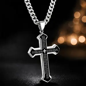 Men’s Stainless Steel Cross Necklace with Prayer Engraved Pendant, 5mm Cuban Chain Christian Faith Jewelry Gift for Men, Large Cross Pendant Necklace for Men