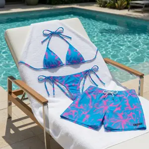 [Hot Summer 2026 Matching Set] Vacation Tropical Palm Matching Swimwear 2026, Women's String Bikini & Men's Swim Trunks, Blue Pink Couple Swimsuits, Summer Beachwear, Honeymoon Vacation Outfit