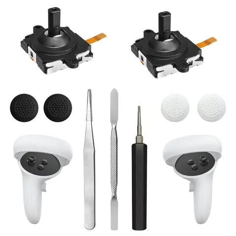 Anti-Drift 3rd Gen Joystick Repair Kit for Meta Oculus Quest 2/Meta Quest 3 Controllers - 2 Joysticks, 1 x T5 Small Screwdriver, Tweezer, Pry Tool, 4 Thumb Stick Caps, Silicone Pad, Scratch Protection 11-in-1 Black Gaming Accessory Repair Tools