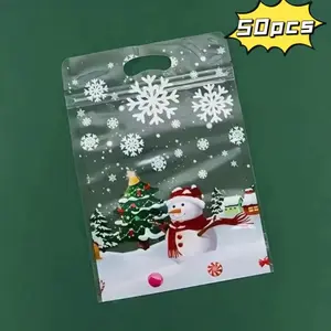 50pcs Transparent Christmas Candy Bags with Snowflake Patterns, Clear Window Treat Bags for Cookies, Durable Plastic for Holidays