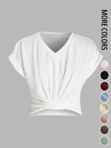 Women's Plain V Neck Basic Tee, Casual Short Sleeve T-Shirt for Summer, Ladies Clothes for Daily Wear