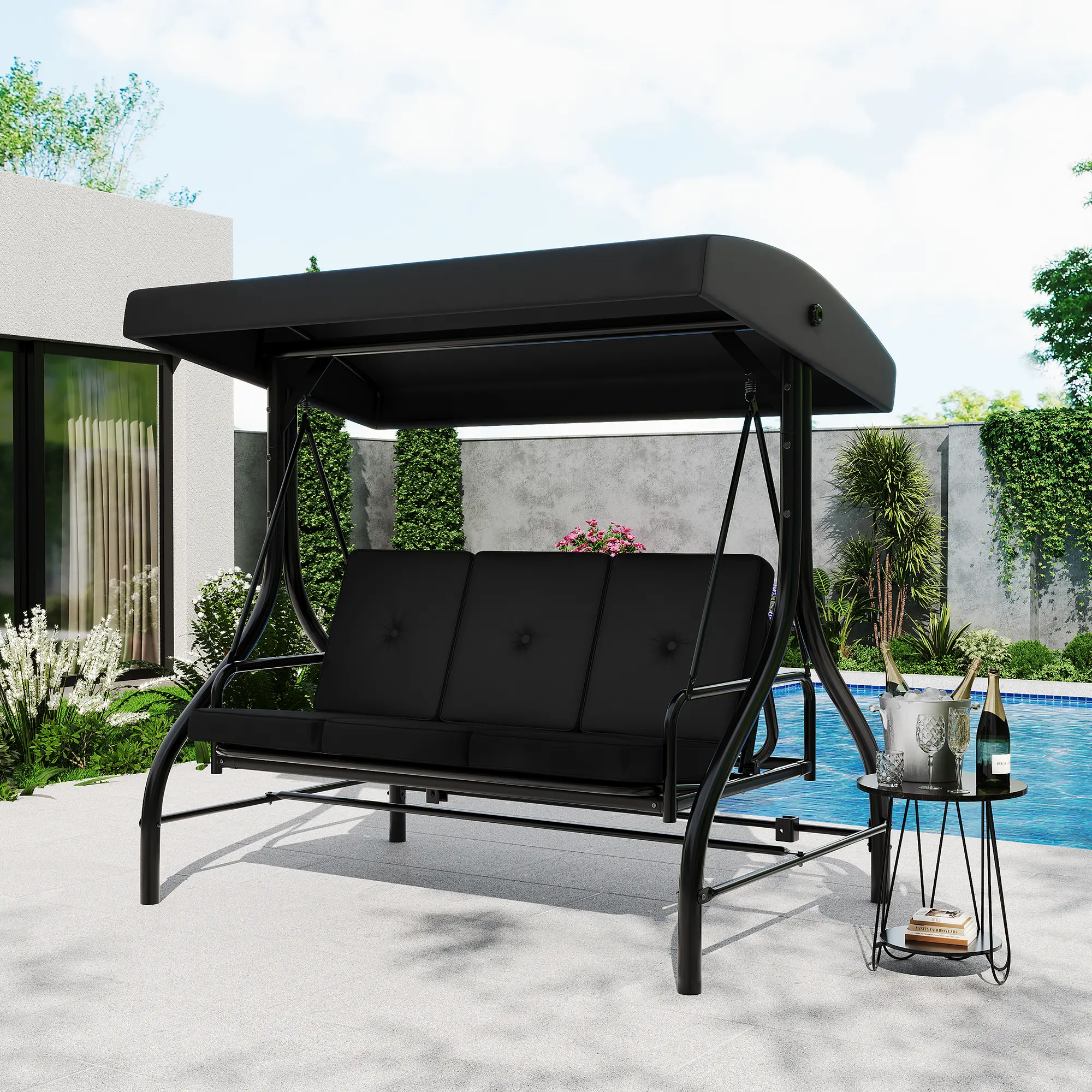 3-Seat Outdoor Porch Swing with Adjustable Canopy, Patio Swing Chair with Stand, 800 Lbs Heavy Duty Steel Frame, Reclines to 180° Swing Bed, Cup Holder Trays, Cushions & Pillows for Garden