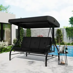3-Seat Outdoor Porch Swing with Adjustable Canopy, Patio Swing Chair with Stand, 800 Lbs Heavy Duty Steel Frame, Reclines to 180° Swing Bed, Cup Holder Trays, Cushions & Pillows for Garden