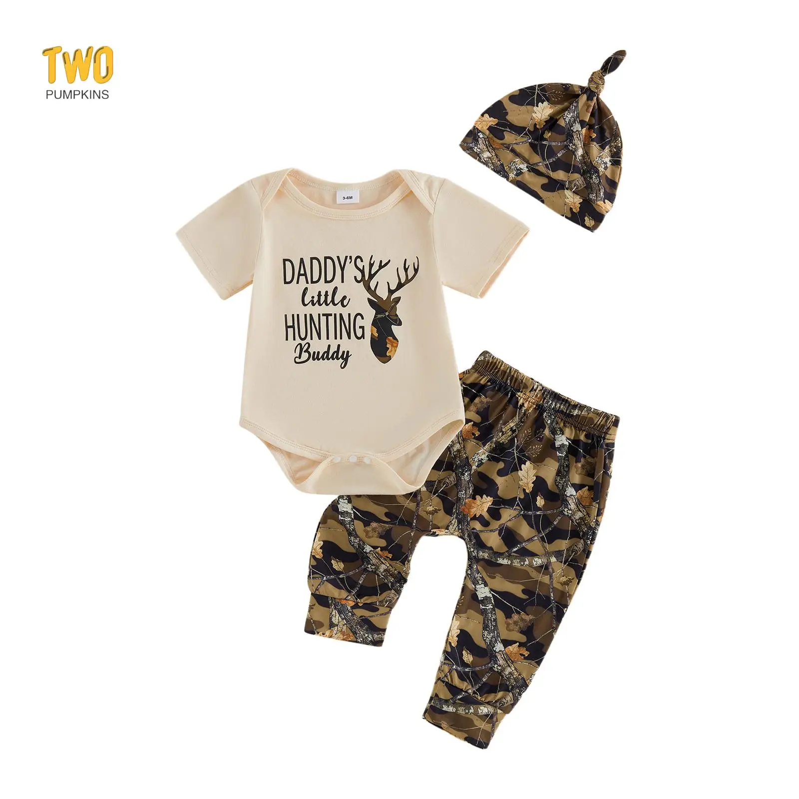Newborn Baby Boy Hunting Outfit Adorable Deer Letter Print Short Sleeve Round Neck Jumpsuit And Hat Camouflage Pants 3 Piece Clothes Set