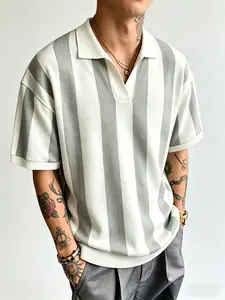 Vintage striped knit polo shirt for men, loose fit with a turn-down collar, breathable casual short-sleeve T-shirt for summer