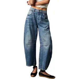 Chouyatou Barrel Jeans Women Wide Leg Cropped Jeans Y2k Mid Rise Baggy Jeans Boyfriend Denim Pants Harem Pants Vintage Breathable SpringStatements Womenswear High Waist