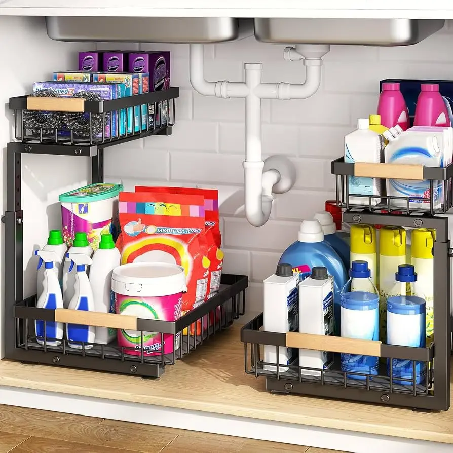 2-Pack Under Sink Organizer – 2-Tier Sliding Storage Shelves for Kitchen & Bathroom Cabinets, Easy Assembly, Black