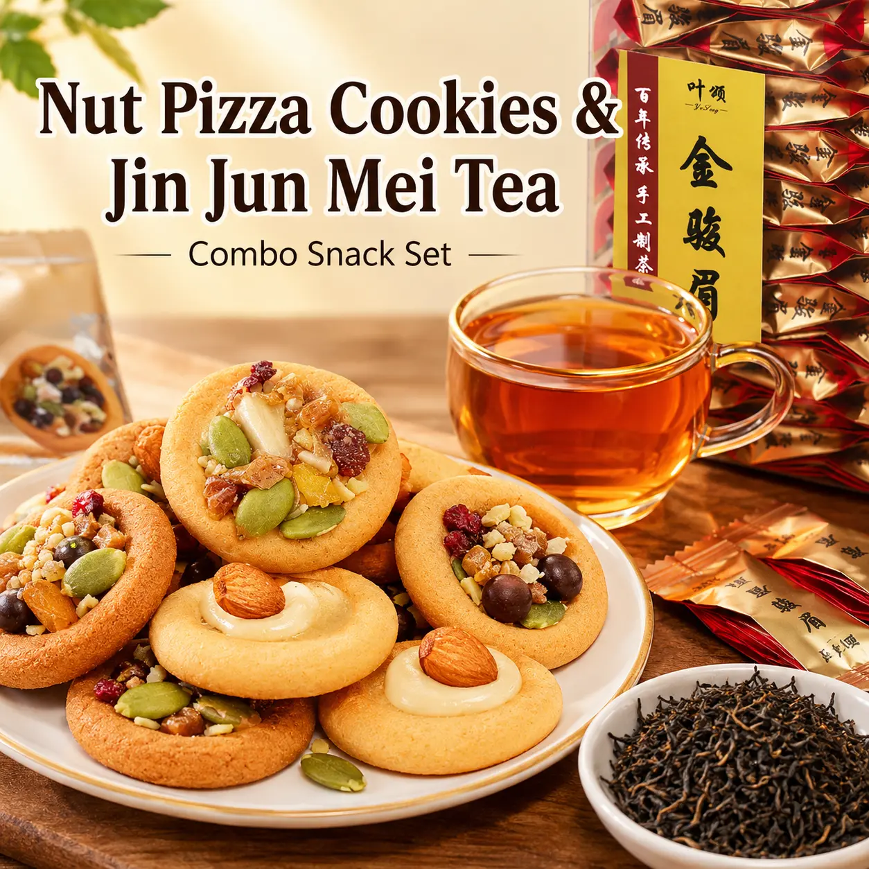 Nutty Pizza Crisps & Jin Jun Mei Black Tea Gift Set – Savory Pizza Crackers with Real Nut Pieces + Premium Chinese Honey-Fruit Aroma Loose Leaf Tea, Individually Wrapped Snack Duo for Afternoon Tea, Office, Party & On-the-Go