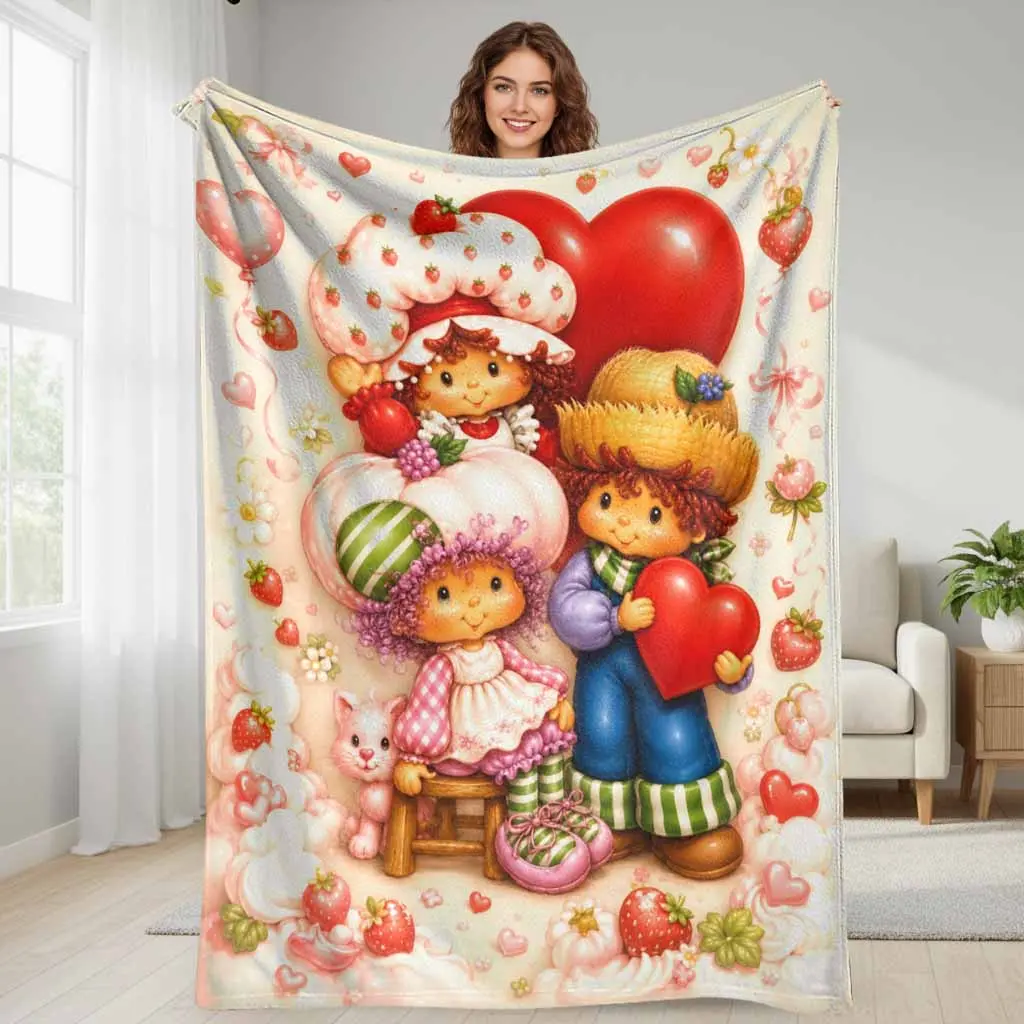 Strawberry Love Cartoon Flannel Blanket, Cute Couple & Sweet Heart Print, Breathable Wrinkle-Resistant Durable Soft Cozy Warm Lightweight, Machine Washable for Bedroom & Valentine Gift Decor