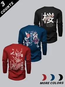 Men's Letter Print Graphic Round Neck Long Sleeve Thick Thermal Lined Tee, Loose Casual Crew Neck Top for Fall & Winter, Men's Clothes for Daily Wear