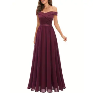 [Elegant Maroon Bridesmaid Dress] Elegant Maroon Off-Shoulder Lace Chiffon Bridesmaid Dress - Sleeveless A-Line Evening Gown - Ruched Detail, Nylon & Elastane Blend, Handwash/Dry Clean, Non-Transparent