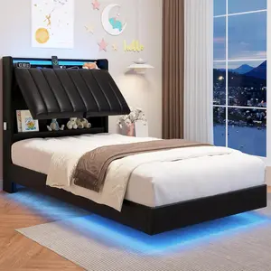 Jocoevol Floating Bed Frame with LED Lights and Charging Station,Storage Headboard,upholstered headboard, Twin size