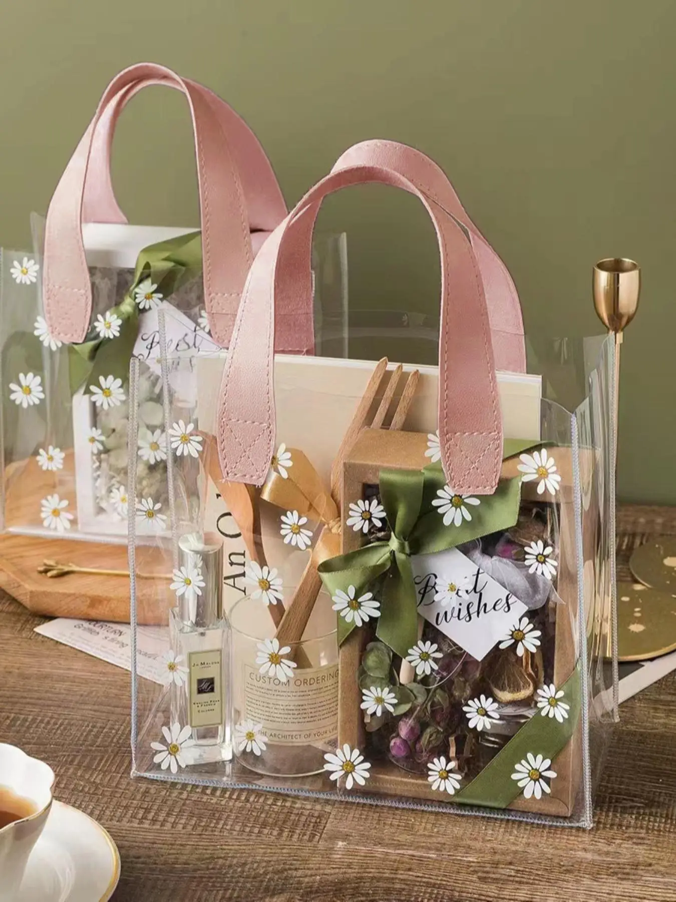 Daisy Pattern Clear Tote Bag, Cute Floral Pattern Gift Bag, Women's Wedding Birthday Gift Wrapping Bag, Trendy All-match Handbag for Daily Use