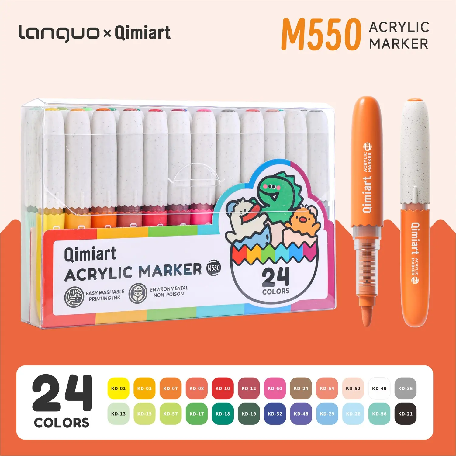 Qimiart M550 Acrylic Paint Markers, 24/36/48/60 Colors, Eggshell Shape Soft Brush Tips, Washable Eco-Friendly Ink, Ideal for Kids Art, Art Marker Set