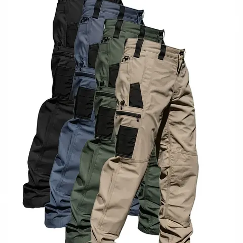 Men's Solid Tactical Cargo Pants - Full-Length Below-Ankle Fit, Multiple Utility Pockets, Plain Design, Workwear, Military-Inspired, Olive, Rugged Modular, for Construction Workers, Daily Use