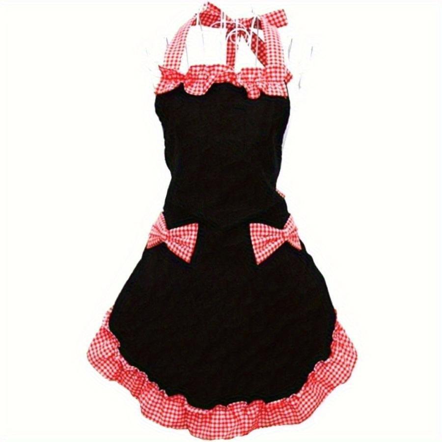 Vintage-Style Adjustable Apron with Red & White Checkered Bow Pocket, Durable Polyester, Perfect for Cooking, Baking & Easter Kitchen Wear, Baking Attire | Vintage Apron | Durable Apron