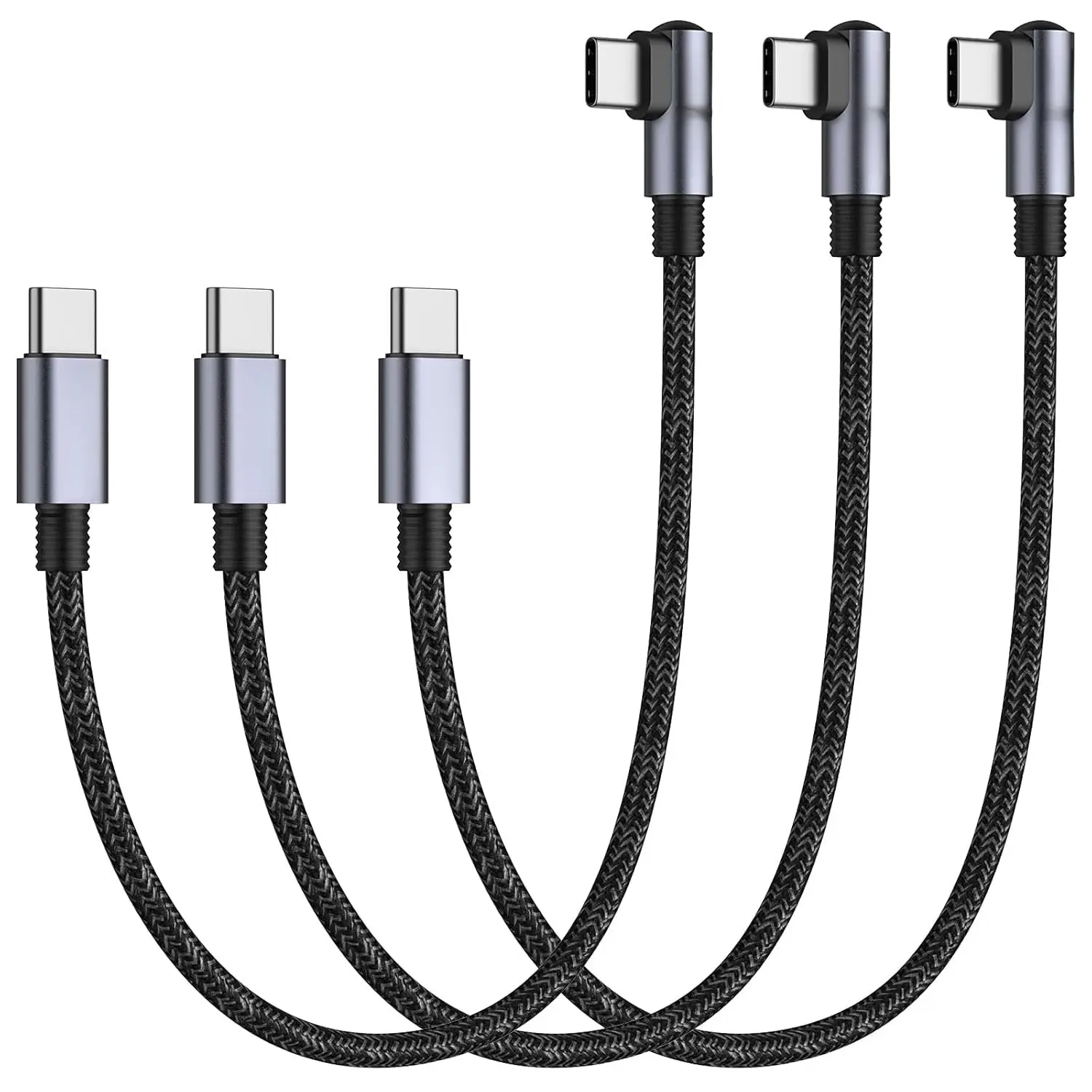 Right Angle USB C to USB C  1FT 3Pack, 12inch PD 65W 90  Type C   Braided Cord Compatible with  17 16 15, Galaxy S24 S23 S10, iPad Pro 2020 and