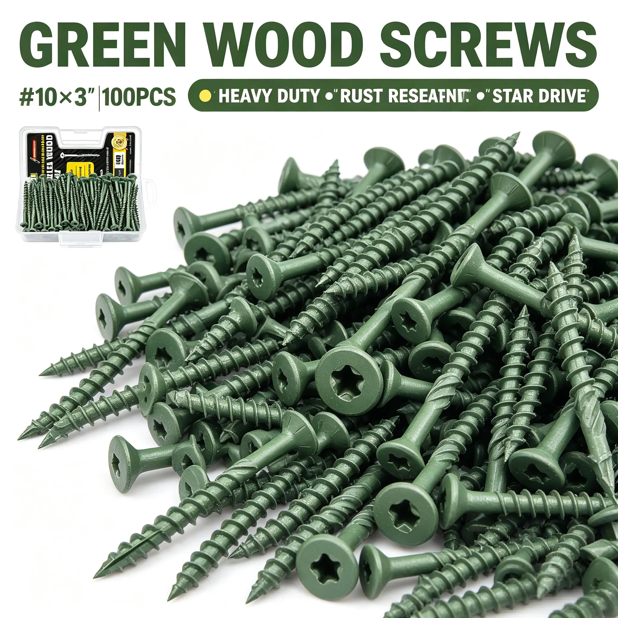 VKKM 100Pcs #10 x 3 Inch Green Torx Deck Screws, Knurled Self-Tapping Anti-Split Rust Resistant Exterior Wood Fasteners with T25 Bit for Deck Fence Outdoor Woodworking
