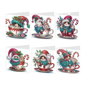 6 Pcs Diamond Painting Greeting Card Kits, DIY Christmas Teacup Elf Patterns Handmade Sparkling Diamond Art Greeting Cards With Envelopes, Holidays Celebrations Birthday Christmas Gift
