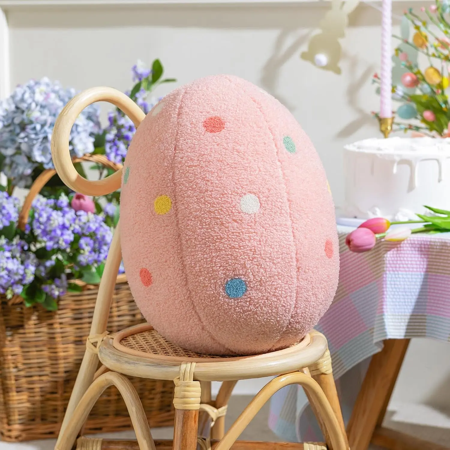 Ashler Egg Shaped Throw Pillow, Spring Home Decor, Teddy Fabric Decorative Cushion with Colorful Polka Dots Embroidery, Soft Pillow for Bedroom Living Room Couch, 14X11 in