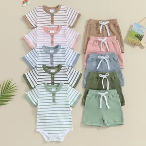 Afunbaby Toddler Infant Baby Girl Boy Outfits Set Summer Striped Short Sleeve Romper and Elastic Shorts Summer Clothes Set