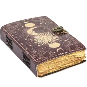 Sun & Moon Vintage Leather Journal for Men & Women 200 Pages of Antique Handmade Deckle Edge Vintage Paper, Leather Sketchbook, Drawing Journal, Printed leather Journal, Great Gift (7 x 5 Inch)