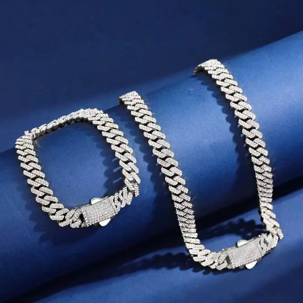 12mm iced out chain set neckalce+bracelet For Men Iced Out Shining Crystal Charm Necklace With Chain Hip Hop Jewelry Gold & Silver Options
