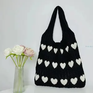 Women's Knit Tote Bag, Crochet Shoulder Bag with Love Heart Pattern, Aesthetic Handmade Handcrafted Everyday Knitted Bag