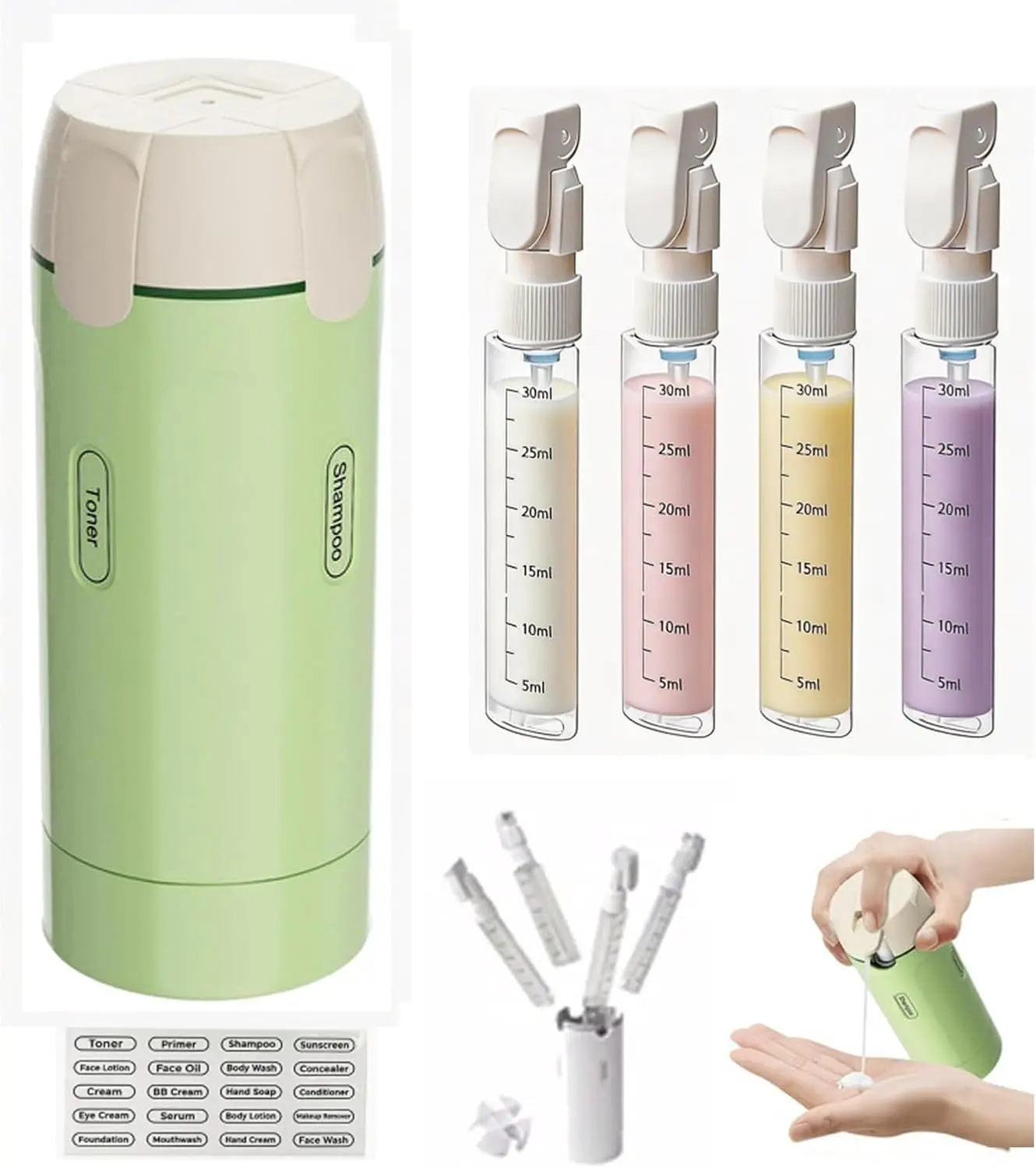 4-in-1 Leak-Proof Refillable Travel Canister Set, Functional Squeeze Dispenser for Outdoor Camping Toiletries, Lightweight Compact Travel Toiletry Sets