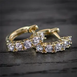 Men's Iced 14k Yellow Gold Plated Sterling Silver Hinged Hoop Huggie Earrings