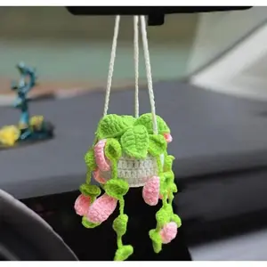 Crochet Hanging Plant Car Mirror Decor Boho Knitted Plant Basket Ornament for Vehicle Interior Cute Lightweight Auto Accessory
