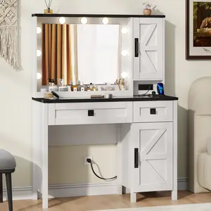 Aowos Farmhouse Vanity, Makeup Vanity Desk with HD Mirror and Light, with Drawers & Adjustable Cabinets, Glass Top Vanity with Charging Station, Modern Vanity Table with Shelves, Christmas Gift for Woman & Girls, Present for Yourself