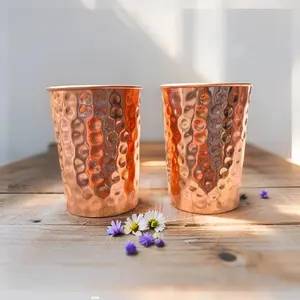 Hammered Pure Copper Cups Set of 2, Handmade Ayurvedic Drinking Glasses for Water, Wellness, Kitchen & Gifts