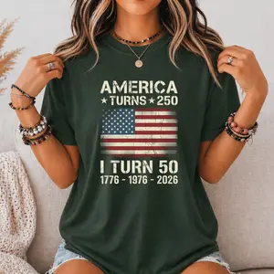Custom America Turns 250 I Turn 50 T-Shirt, Birthday Patriotic USA 1776-2026 Tee, 50th Milestone Birthday Gift for Men Women