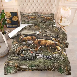 Deer Turkey Forest Hunter Dream Decorative Bedding Set, Includes 1 Quilt and 1 or 2 Pillowcases Without Pillows, Soft Bedroom Decor Gift
